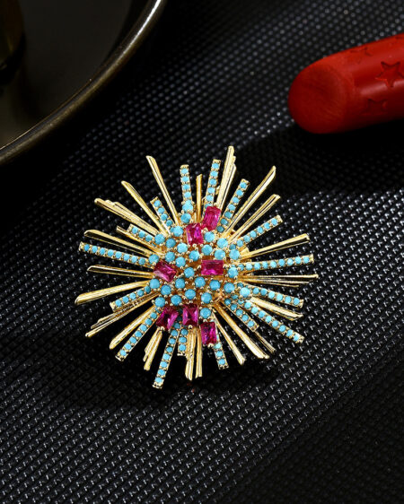 Dazzling Starburst Brooch - Colored Zirconia Firework Design with Magnetic Clasp
