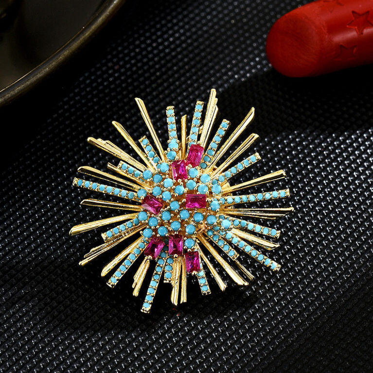 Dazzling Starburst Brooch - Colored Zirconia Firework Design with Magnetic Clasp