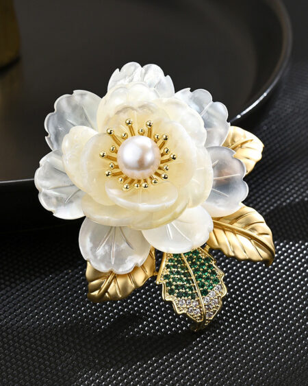 Exquisite Natural Shell White Peony Brooch with Freshwater Pearls & Camellia Accent