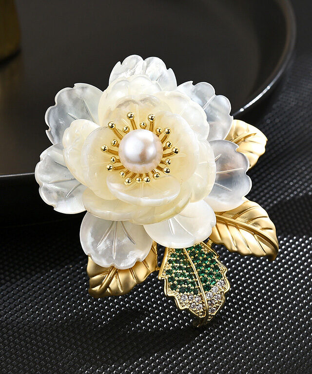 Exquisite Natural Shell White Peony Brooch with Freshwater Pearls & Camellia Accent