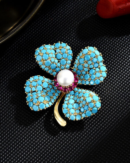 Synthetic Turquoise Four-Leaf Clover Brooch and Freshwater Pearl Brooch