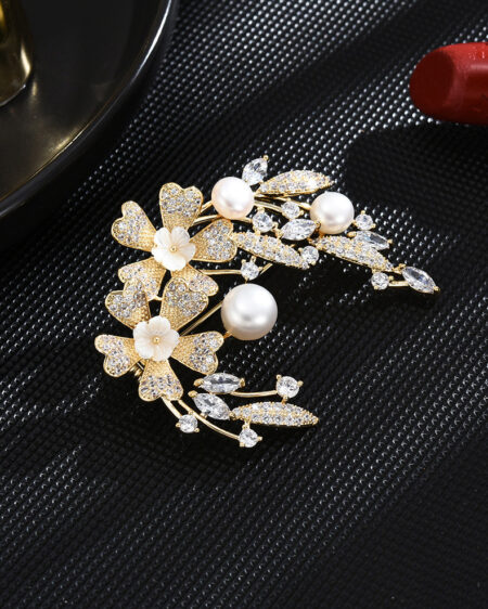 Natural Mother-of-Pearl Brooch with Laurel and Cherry Blossom Design
