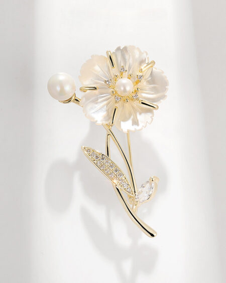 Natural Sea Mother-of-Pearl Camellia Brooch and Pearl Corsage Brooch