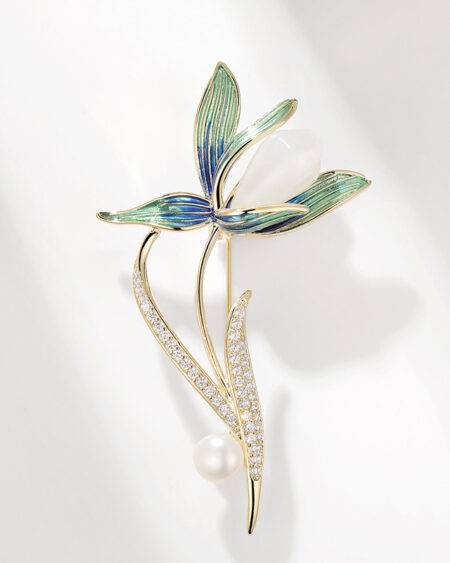 White Magnolia Brooch with Enamel and Natural Stone Freshwater Pearl Floral Brooch
