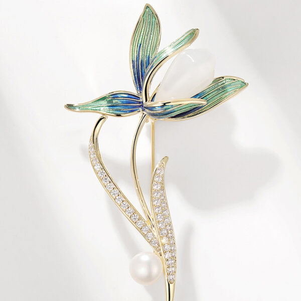 White Magnolia Brooch with Enamel and Natural Stone Freshwater Pearl Floral Brooch