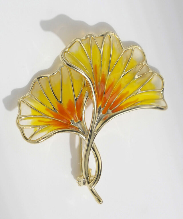 Enamel Gradient Green Ginkgo Leaf Brooch and Corsage Pin