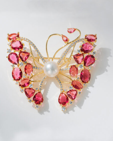 Natural Freshwater Pearl and Red Crystal Butterfly Brooch and Corsage Pin