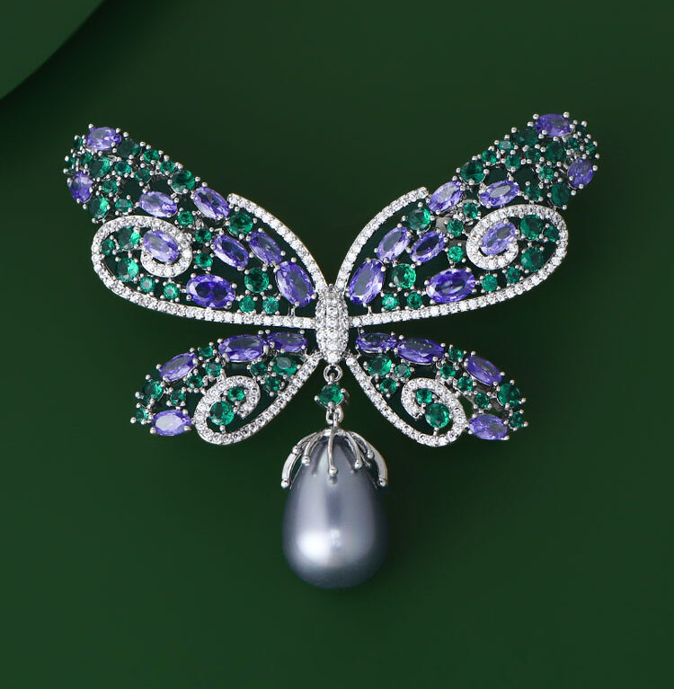 Butterfly Brooch with Freshwater Pearl and Zircon Dress Accessory