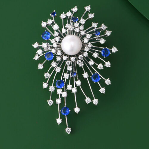 Blue firework flower brooch freshwater pearl and zircon brooch dress accessory