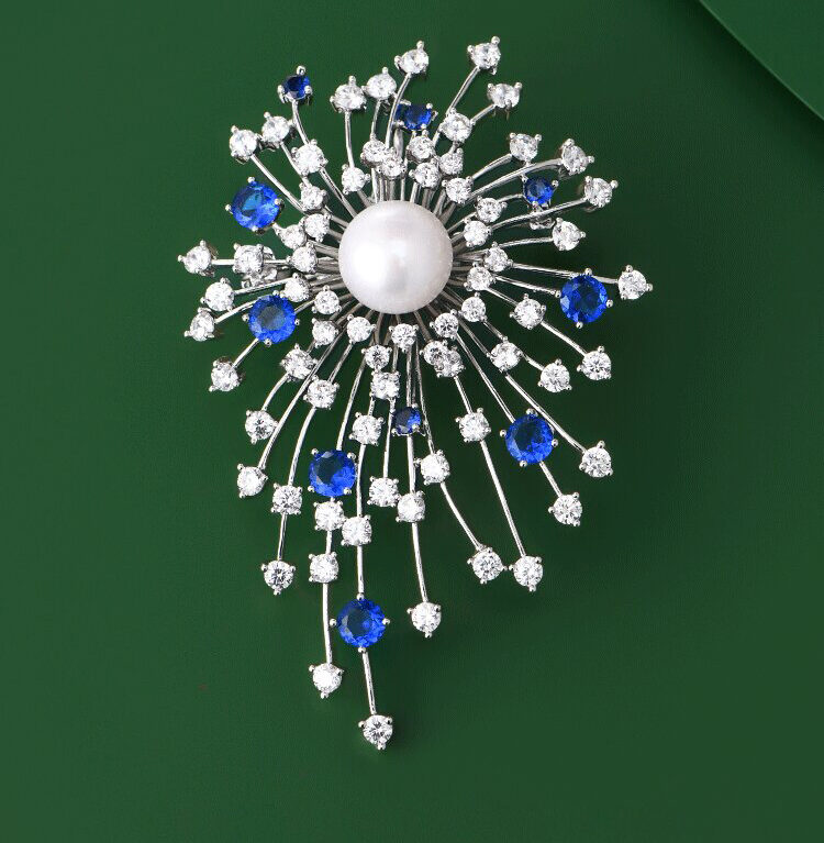 Blue firework flower brooch freshwater pearl and zircon brooch dress accessory