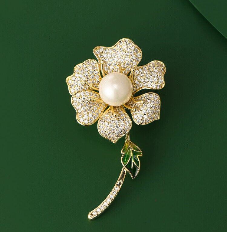 Floral Brooch with Freshwater Pearl and Zircon Dress Pin