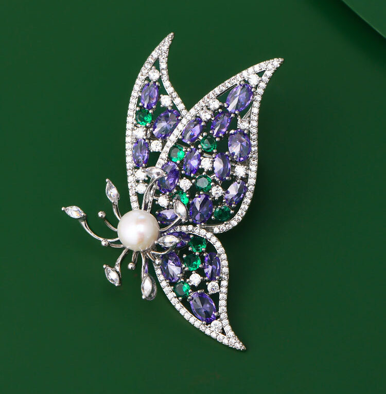 Butterfly Brooch with Zircon and Mother-of-Pearl Dress Accessory