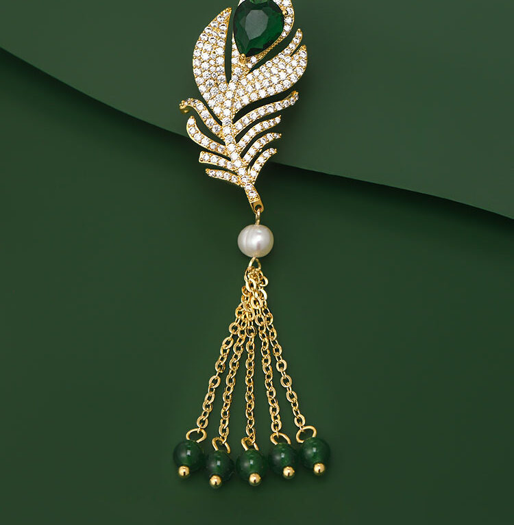 Feather Tassel Brooch Emerald Crystal and Zircon Dress Pin