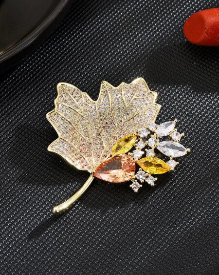 Maple Leaf Brooch with Shell and Floral Design