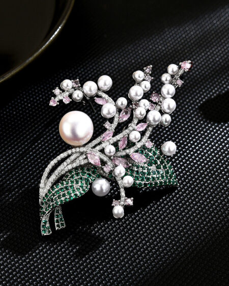 Elegant Pearl Floral Brooch with Vine Dress Pin